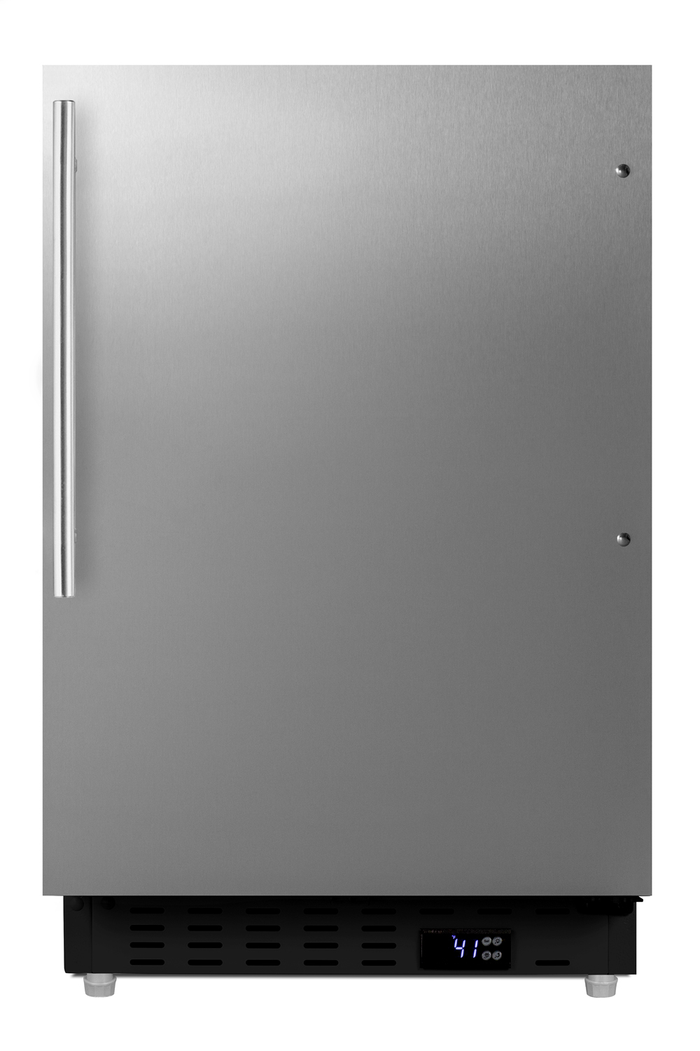 Built-in undercounter ADA compliant residential all-refrigerator with stainless steel door, black cabinet, and thin vertical handle, with door storage and automatic defrost operation